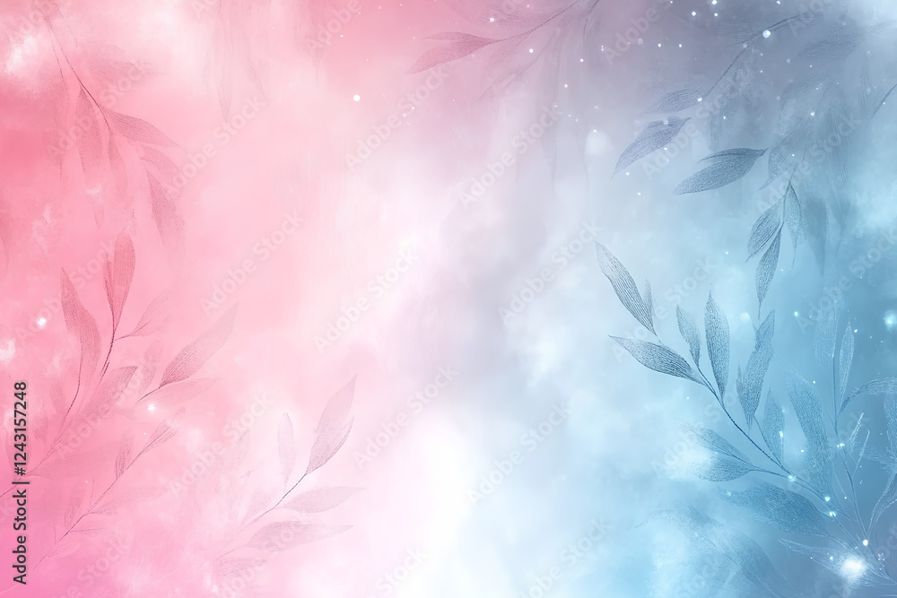 A vibrant pink and blue abstract background adorned with delicate leaves and soft bokeh lights, creating a dreamy and colorful atmosphere A vibrant pink and blue abstract background adorned with delicate leaves and soft bokeh lights, creating a dreamy and colorful atmosphere