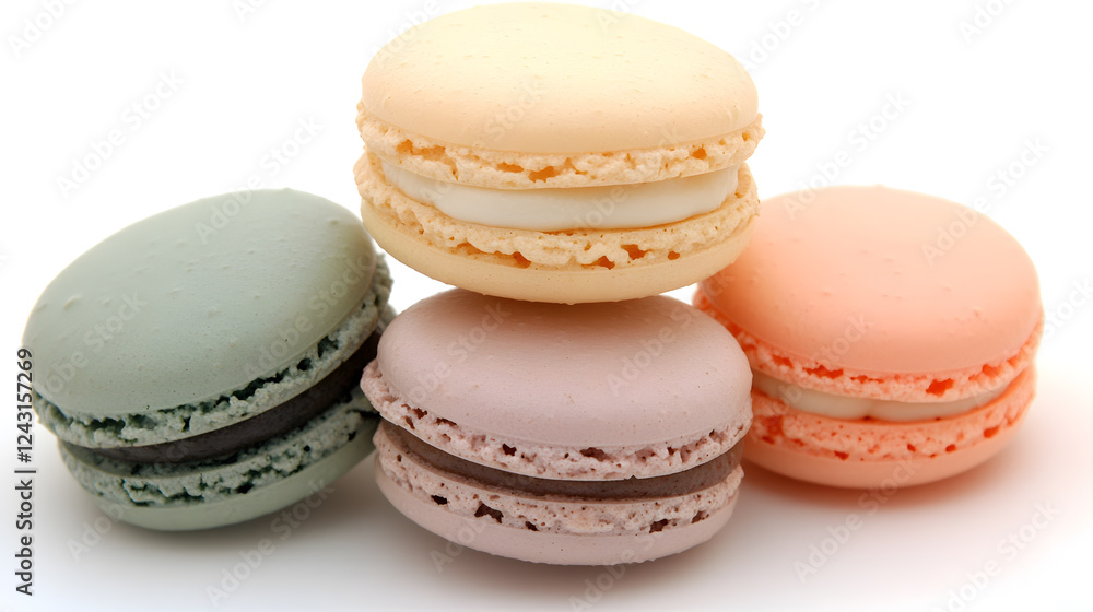 Colorful macarons stacked white background, showcasing their delicate texture and vibrant hues. assortment includes pastel shades of green, pink, orange, and cream, highlighting their variety and Colorful macarons stacked white background, showcasing their delicate texture and vibrant hues. assortment includes pastel shades of green, pink, orange, and cream, highlighting their variety and