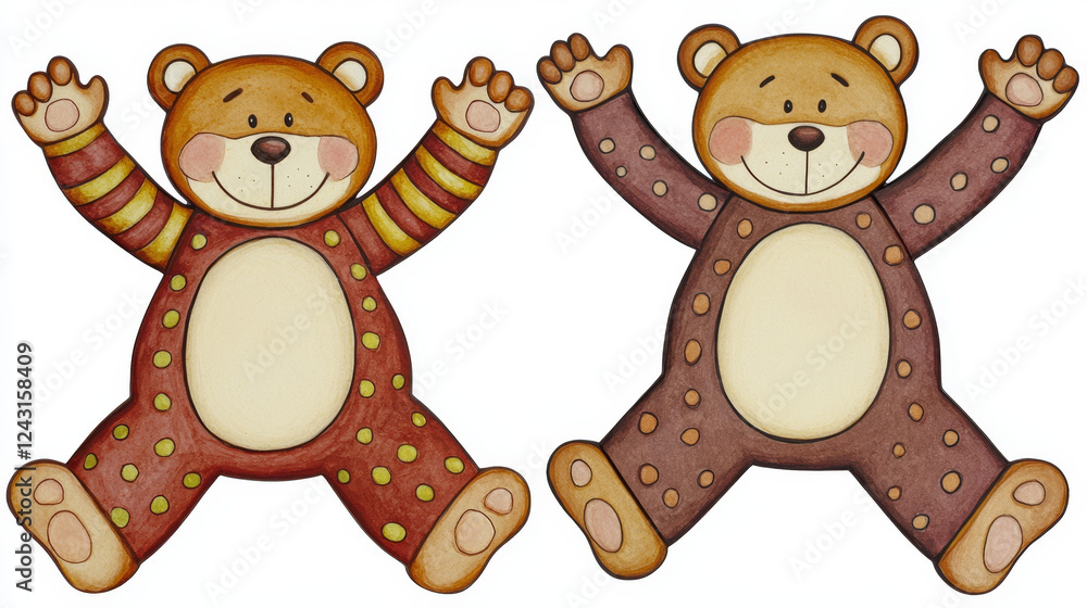 Obraz premium Two playful teddy bears, one brown, one reddish-brown, joyfully leap.
