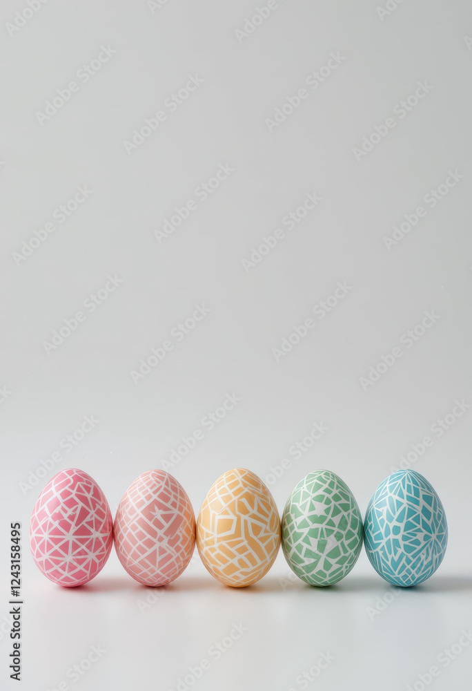 Geometric-patterned Easter eggs in pastel colors. Geometric-patterned Easter eggs in pastel colors.