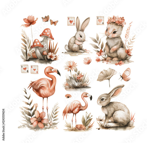 Watercolor wonderland set. Hand drawn vintage art work with white rabbit, playing cards, silver key, cylinder hat and flamingo.
