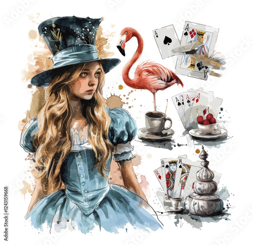 Watercolor wonderland set. Hand drawn vintage art work with white rabbit, playing cards, silver key, cylinder hat and flamingo.