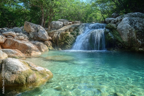 Small waterfall in a secluded forest clearing