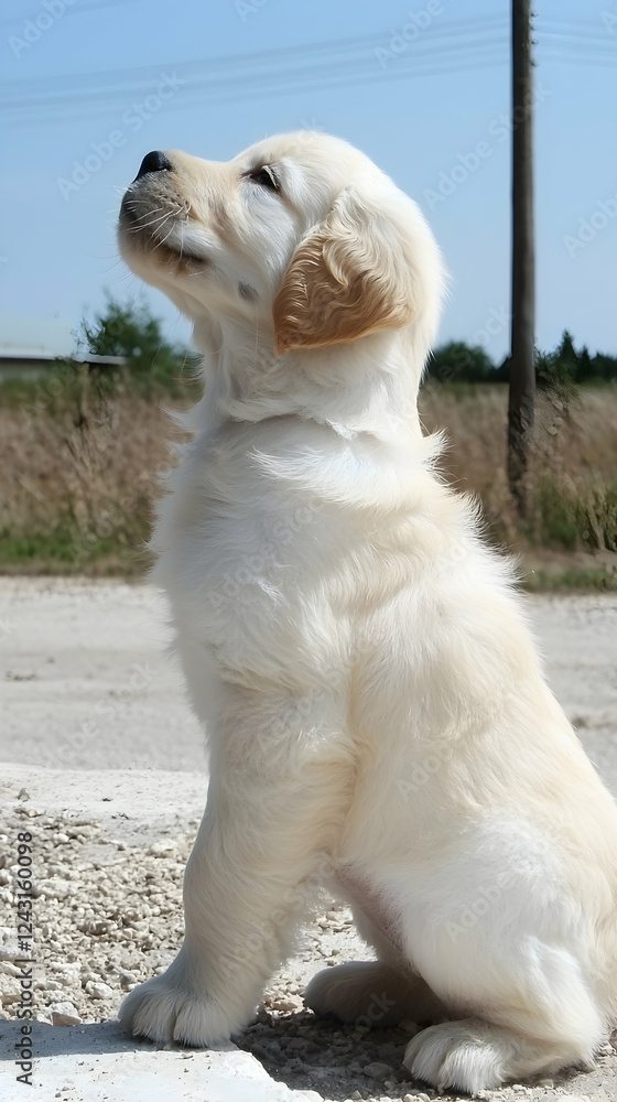 Golden Retriever puppy sitting outdoors, sunny day, rural background, pet adoption