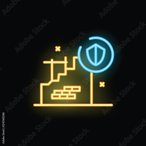 Neon sign illustrating a shield protecting an unfinished building, representing the concept of construction insurance