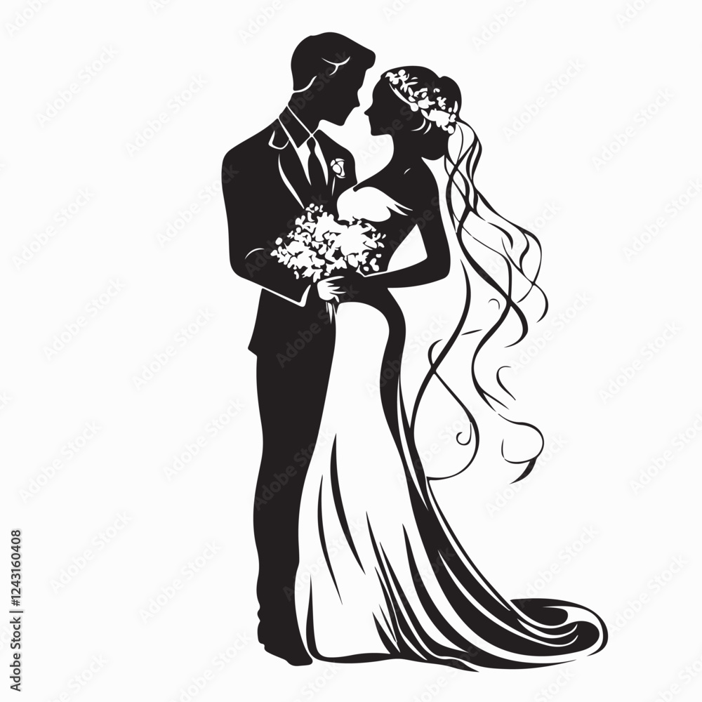 Silhouette of a bride and groom in a wedding dress image vector isolated on white background. Silhouette of a bride and groom in a wedding dress image vector isolated on white background.