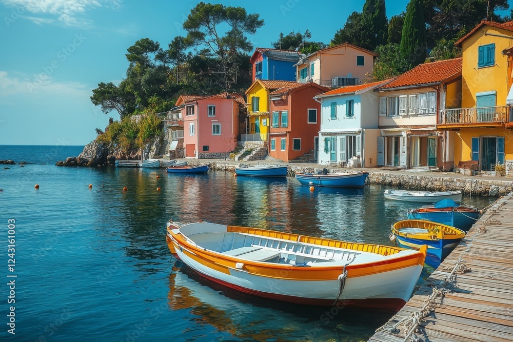 Obraz premium Colorful houses and boats along a coastal village harbor