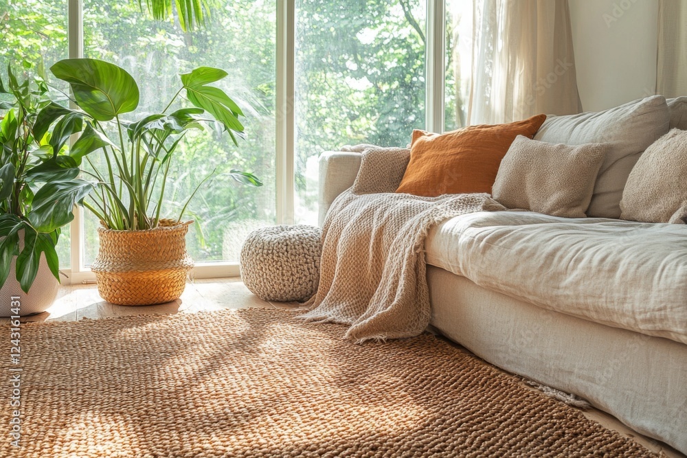 Cozy living room with a plush beige sofa and houseplants Cozy living room with a plush beige sofa and houseplants