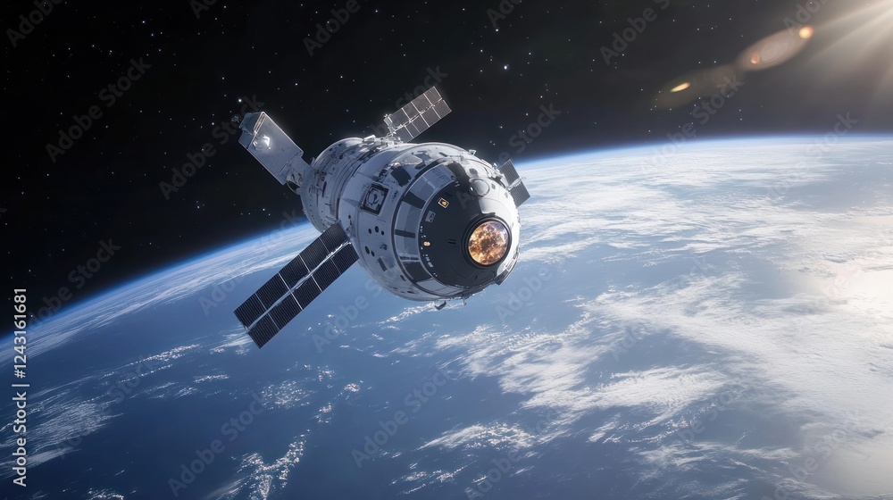 Obraz premium A spacecraft or satellite orbits Earth, showcasing technology and exploration.