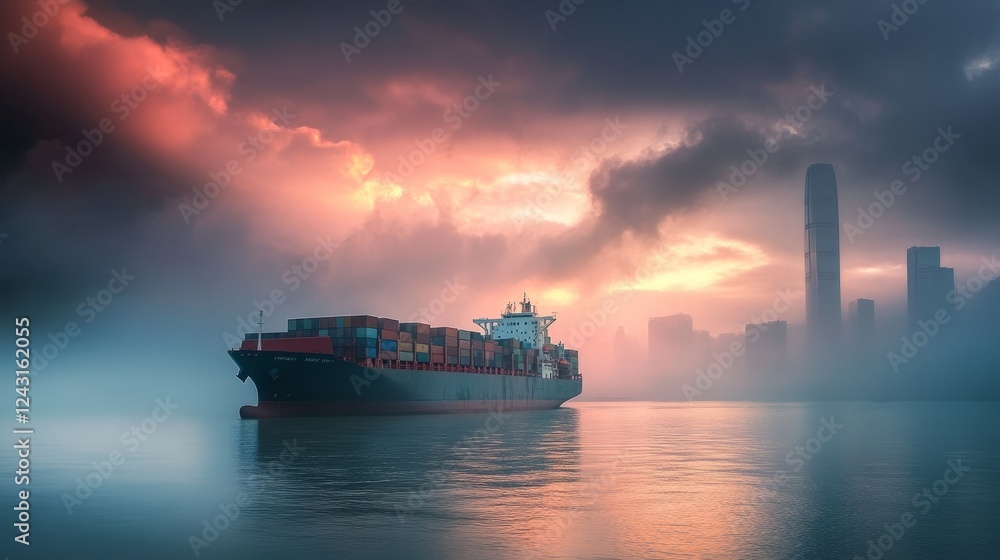 A cargo ship is sailing in the Hong Kong bay, China. The sky is cloudy and the water is calm. A cargo ship is sailing in the Hong Kong bay, China. The sky is cloudy and the water is calm.
