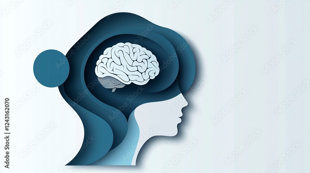 Paper-cut card vector of a human head profile with a brain inside, set against a white background. The design features a flat, Paper-cut card vector of a human head profile with a brain inside, set against a white background. The design features a flat,