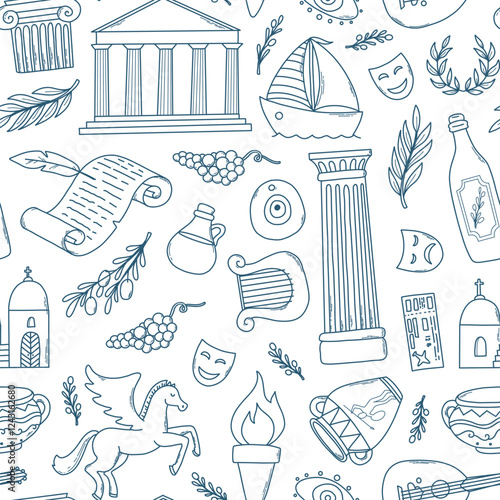 Greece monochrome seamless pattern with doodles for backgrounds, wallpaper, prints, stationery, packaging, wrapping paper, etc. EPS 10