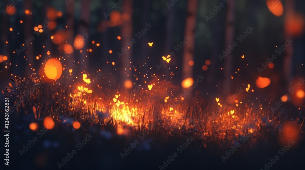Obraz premium Flames flicker and dance in the darkness, casting a surreal glow against the blurry backdrop.