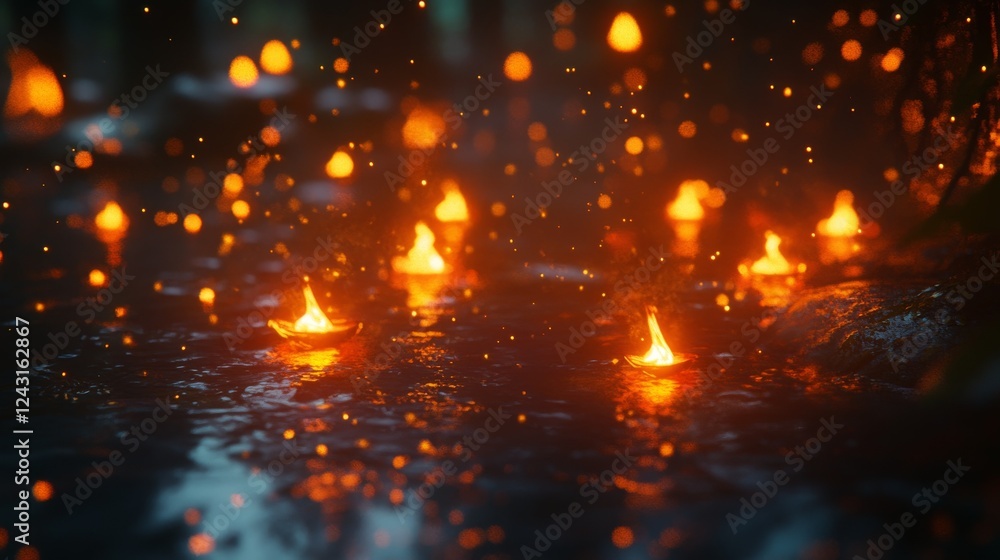 Obraz premium Flames flicker and dance in the darkness, casting a surreal glow against the blurry backdrop.