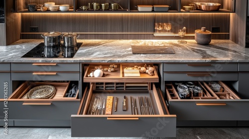 Stylish kitchen with gray drawers and marble countertops. Empty wooden table in the center. Modern cooking appliances and organized storage space for food items.