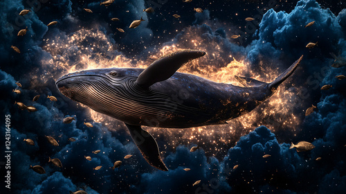 Impressive artwork of majestic whale swimming through cosmic scene filled with vibrant colors and swirling clouds, evoking sense of wonder and tranquility photo