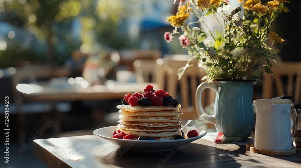 Outdoor caf counter with a stack of delicate crepes and fresh berries. Outdoor caf counter with a stack of delicate crepes and fresh berries.