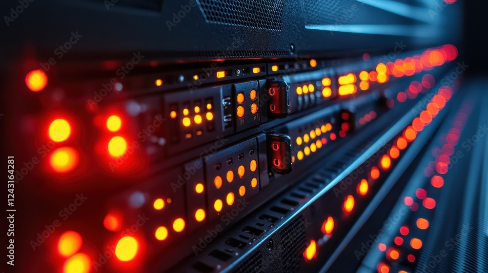 Close-up view of illuminated server racks showcasing data processing in a tech environment (1) Close-up view of illuminated server racks showcasing data processing in a tech environment (1)