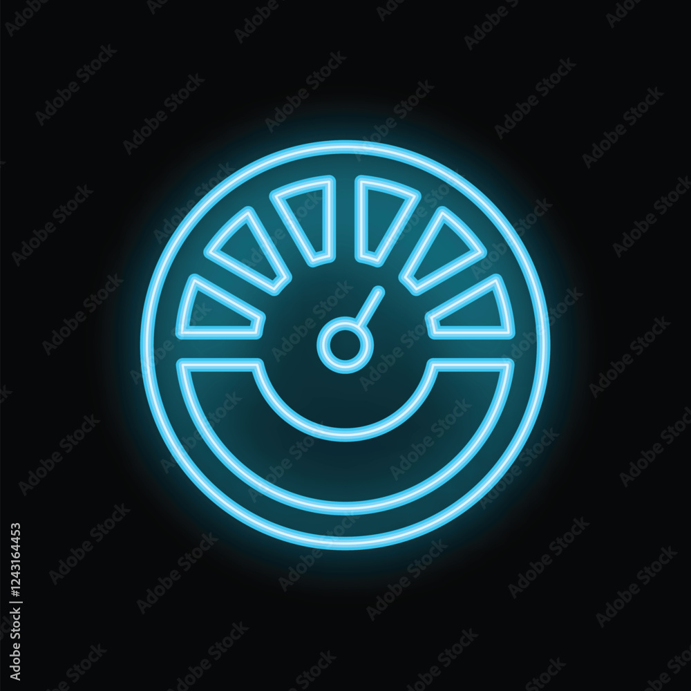 Neon blue speedometer with glowing needle pointing at high speed on black background Neon blue speedometer with glowing needle pointing at high speed on black background