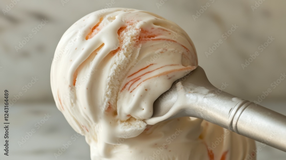 Naklejka premium An enticing close-up of a perfectly swirled scoop of ice cream, showcasing creamy texture and mouth-watering colors, inviting indulgence for dessert lovers.