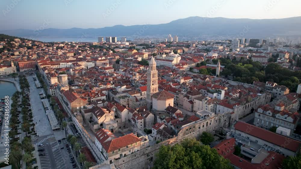 Establishing drone shot of Split at sunrise with Cathedral of Saint Domnius and cityscape in Croatia Establishing drone shot of Split at sunrise with Cathedral of Saint Domnius and cityscape in Croatia