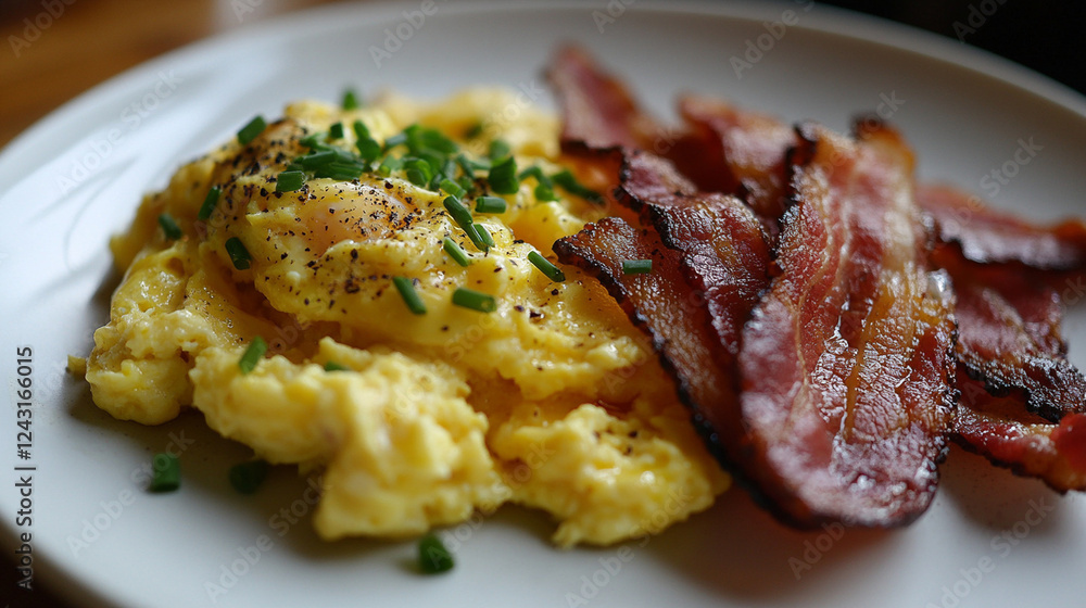 Breakfast plate with fluffy scrambled eggs, crispy bacon, and fresh herbs, served on a rustic wooden table, capturing the essence of a classic morning meal Breakfast plate with fluffy scrambled eggs, crispy bacon, and fresh herbs, served on a rustic wooden table, capturing the essence of a classic morning meal