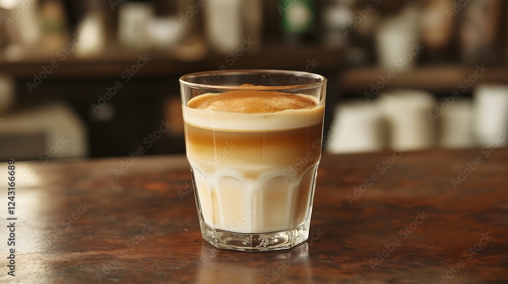Layered Latte Macchiato in Glass on Wooden Table, Warm Tones, Delicious Layered Latte Macchiato in Glass on Wooden Table, Warm Tones, Delicious