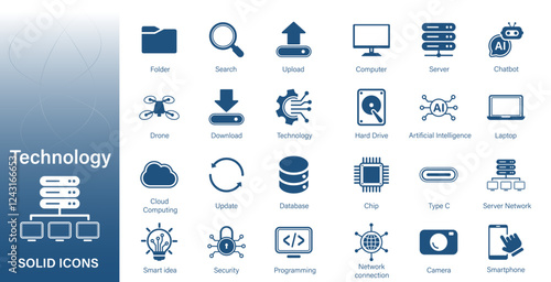 Solid vector icon set on the theme of computers, data storage, databases, technology equipment.