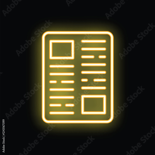 Yellow neon icon of a newspaper glowing on black background, suitable for concepts such as communication or current events