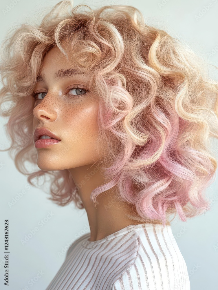 Trendy Blonde Hairstyle with Large Curls for Women, Professional Salon Styling in Soft Pink Tones Trendy Blonde Hairstyle with Large Curls for Women, Professional Salon Styling in Soft Pink Tones