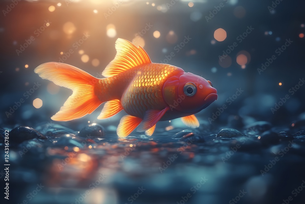 Fototapeta premium Goldfish Serenity in Aquatic Glow: Underwater Scene with Bokeh Light Effects