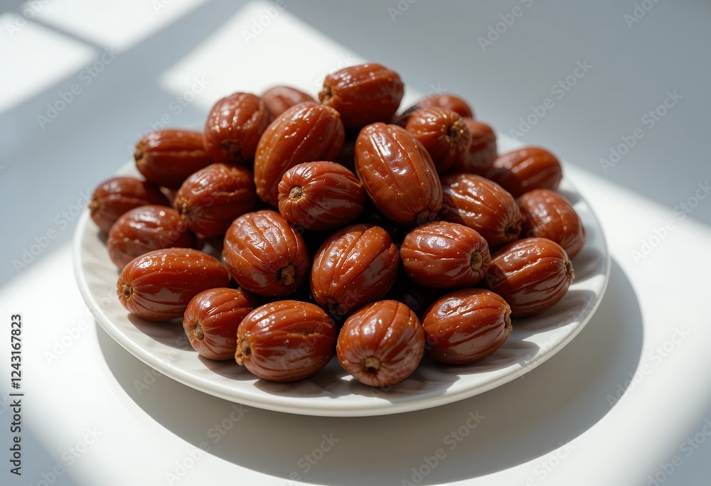 Obraz premium Sunlit plate of glistening dates create inviting still life arrangement