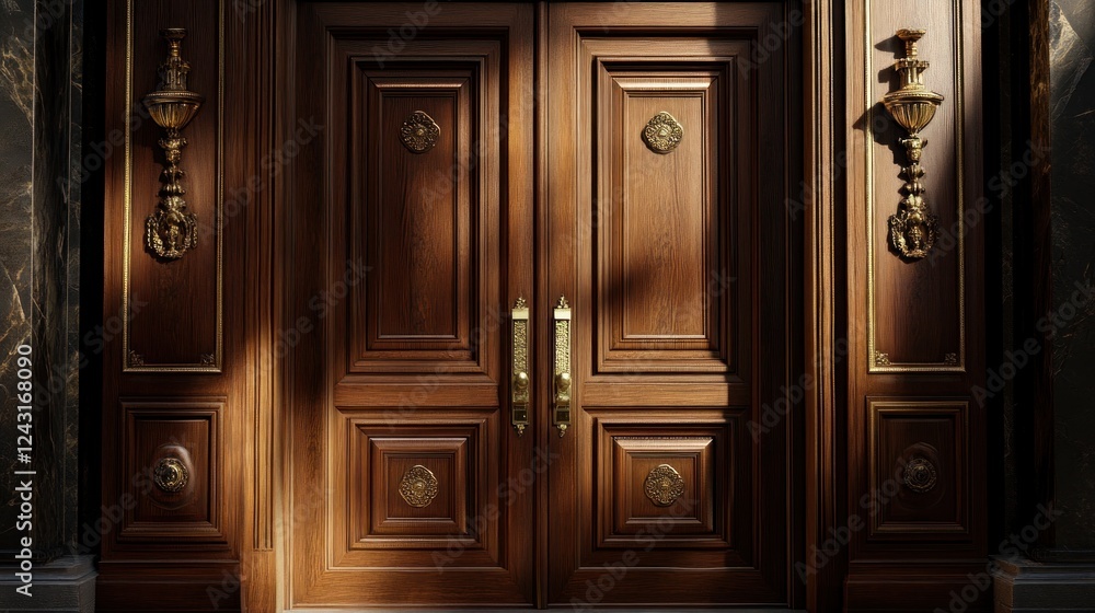 Sunlit Mahogany Double Doors, Entrance, Mansion, Luxury Sunlit Mahogany Double Doors, Entrance, Mansion, Luxury