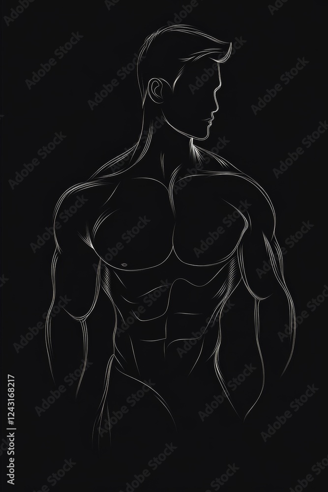 Fototapeta premium male torso body white thin silhouette line drawing on black background 