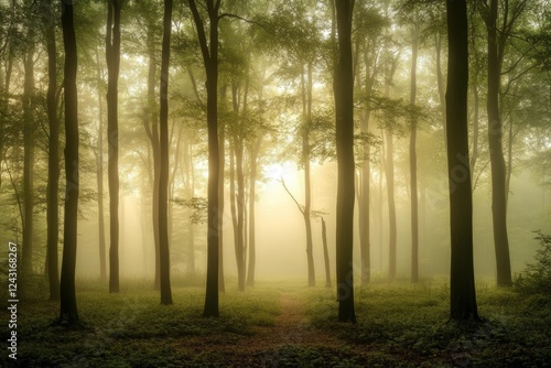 misty forest scene at dawn, with soft light filtering through the trees, creating a sense of calm and serenity, minimal background with copy space photo