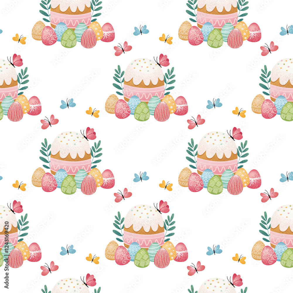 Seamless pattern with traditional Easter cake, colorful eggs, and butterflies on a white background. Easter holiday celebration design for textile, wallpaper, greeting card, and wrapping paper. Seamless pattern with traditional Easter cake, colorful eggs, and butterflies on a white background. Easter holiday celebration design for textile, wallpaper, greeting card, and wrapping paper.