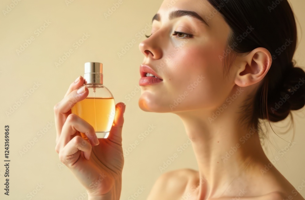 Fototapeta premium Portrait of a young woman in profile holding a bottle of perfume on a light background