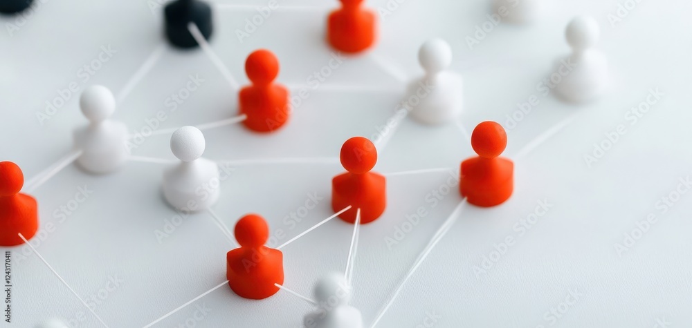 Obraz premium Abstract representation of networking and collaboration using figurines connected by lines, symbolizing teamwork and connections.
