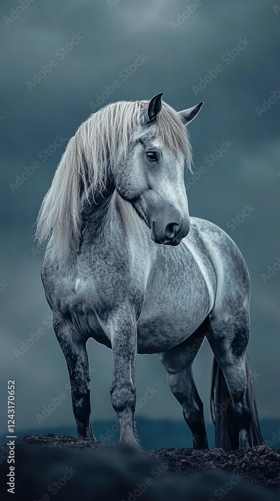 Fototapeta premium Silver-maned Percheron horse, stormy blue-gray background, bold contrast.