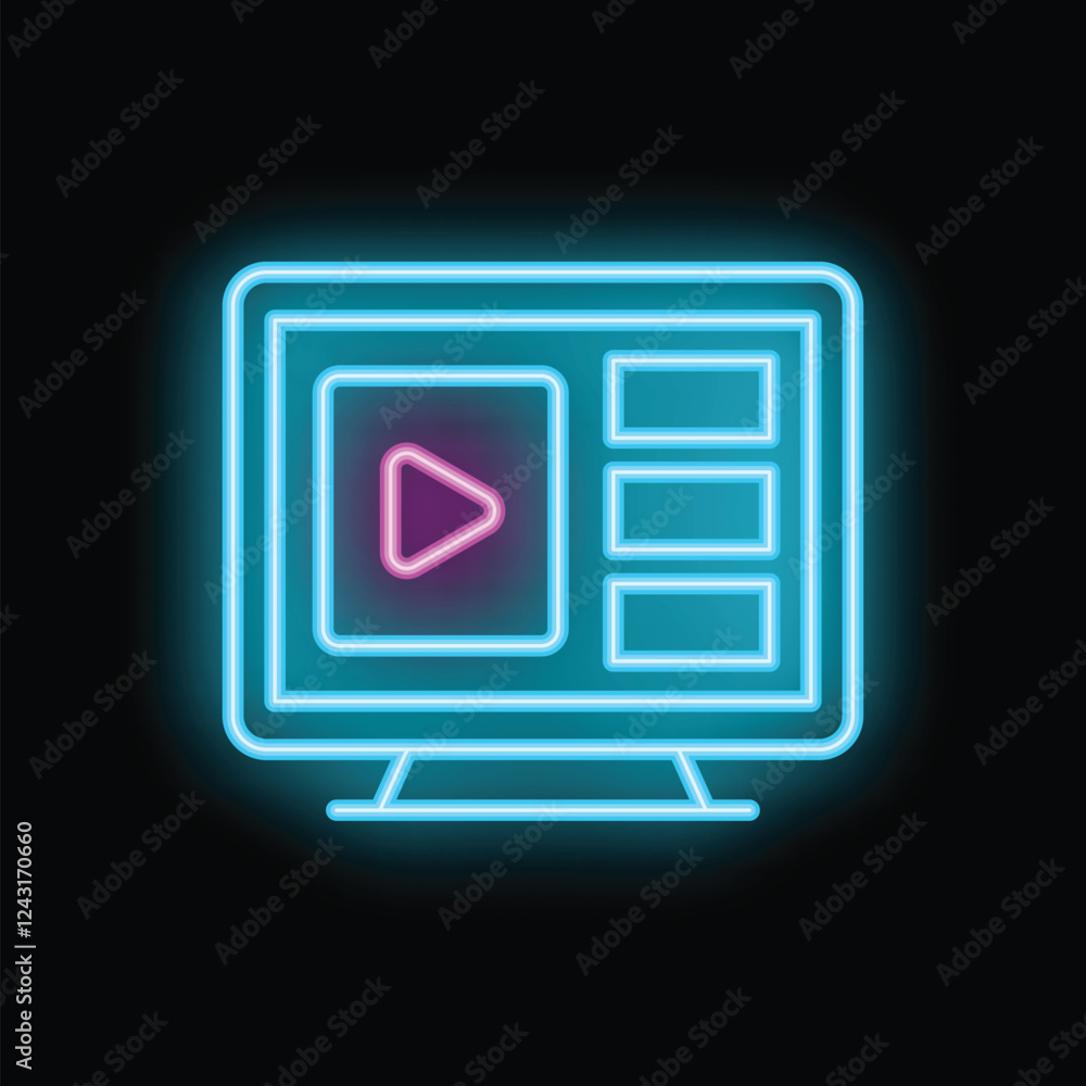 Neon sign representing a video player on a black background, displaying a play button and a timeline, with blue and purple colors Neon sign representing a video player on a black background, displaying a play button and a timeline, with blue and purple colors