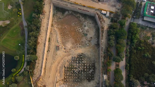 Top down Aerial drone shot capturing a massive construction site in Noida India photo