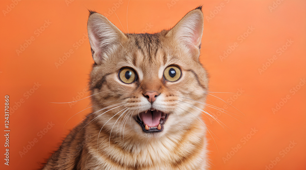 Obraz premium Cute Ginger Cat with Excited Expression Against Vibrant Orange Background