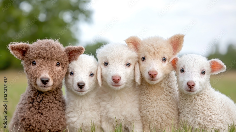 Four adorable lambs in a field, springtime Four adorable lambs in a field, springtime