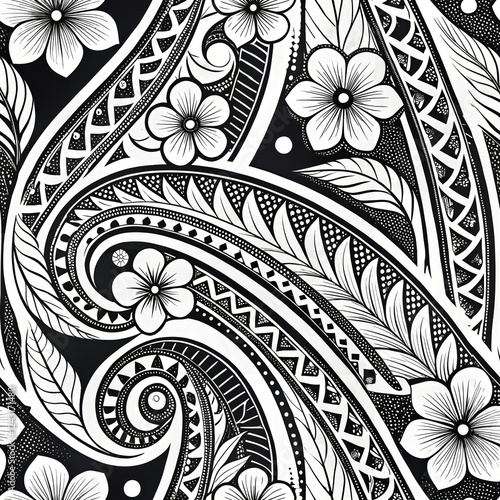 Seamless Polynesian tattoo pattern with flowers, leaves, and turtle