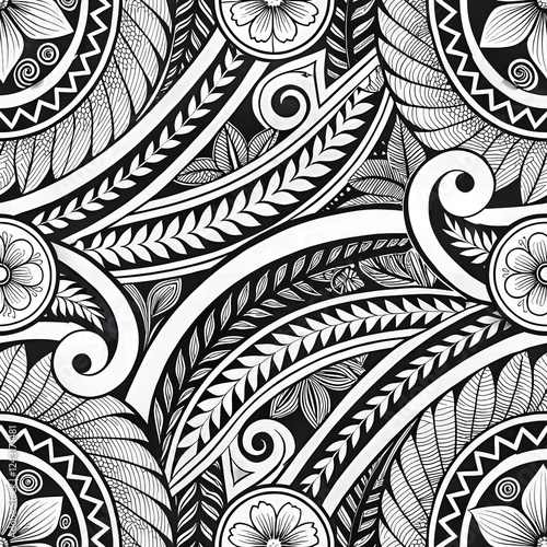 Seamless Polynesian tattoo pattern with flowers, leaves, and turtle
