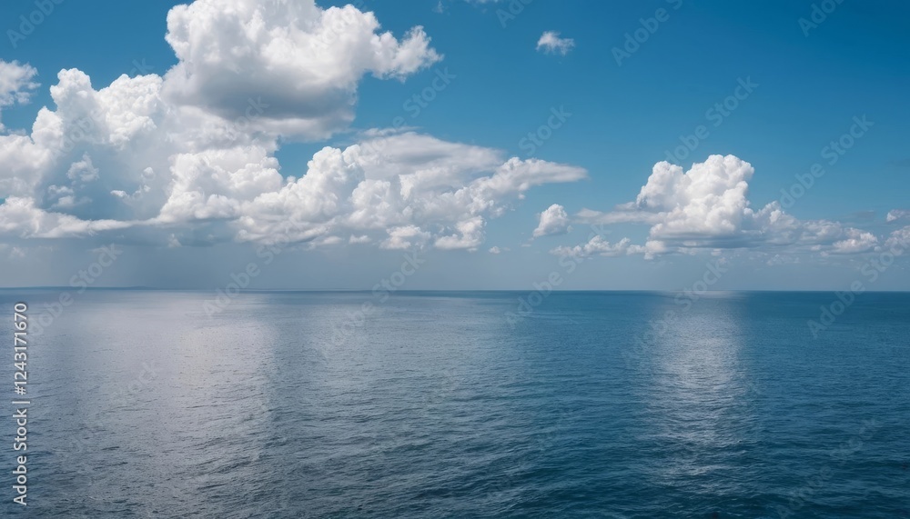 A calm ocean with blue water and white clouds in the sky A calm ocean with blue water and white clouds in the sky