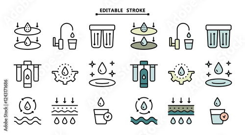 Simple Set of Water Related Vector Color Icons. Editable stroke. Water purification icon set. Wastewater treatment collection. Osmosis and desalination. Filtration process. Potable water symbols. Isol