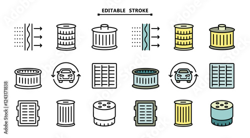 Different car filters icons set. Editable stroke. Simple image of oil, gasoline and air filter for cleaning fuel, air and oil. Car service color icons collection. Vehicle repair garage and Service Gra