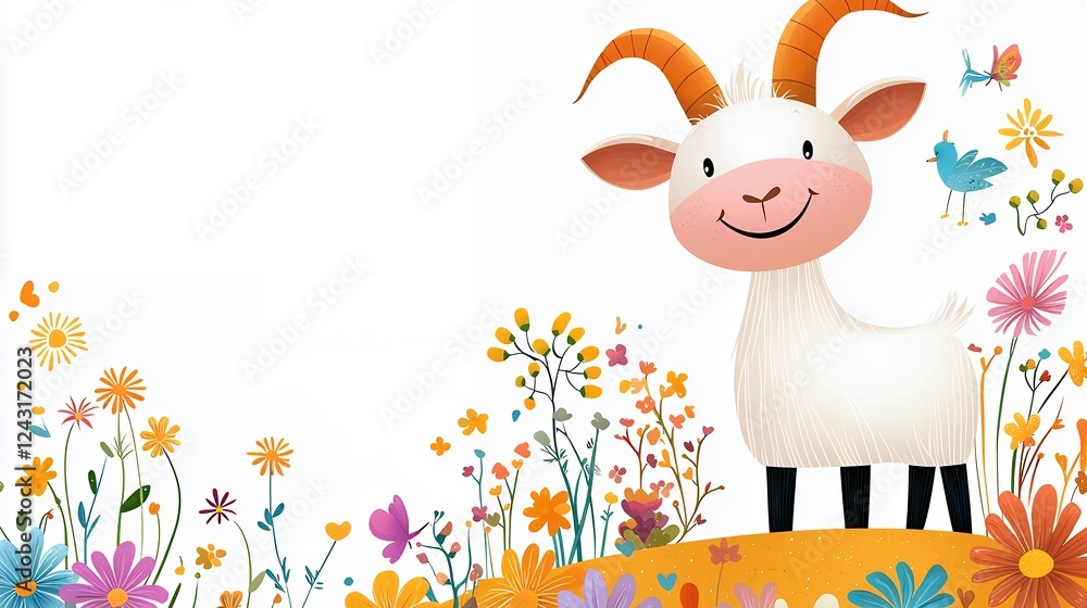 Cute Cartoon Goat in a Colorful Flower Meadow Cute Cartoon Goat in a Colorful Flower Meadow
