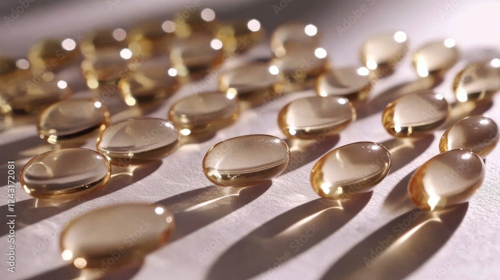 An elegant arrangement of transparent soft gelatin capsules sit scattered on a delicate surface, exemplifying health and wellness through a refined and polished visual aesthetic. An elegant arrangement of transparent soft gelatin capsules sit scattered on a delicate surface, exemplifying health and wellness through a refined and polished visual aesthetic.
